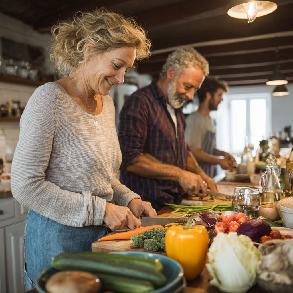 Middle-aged adults preparing healthy fiber-rich meals in modern kitchen