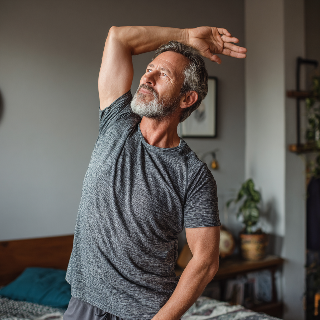 Middle-aged person practicing gentle stretching exercises at home