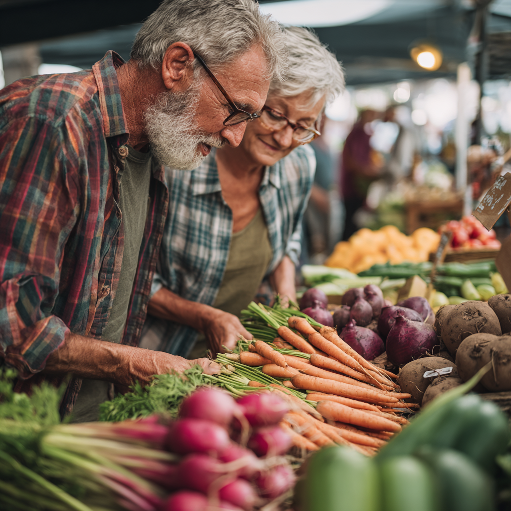 Older adults selecting fresh vegetables and whole grains at farmers market